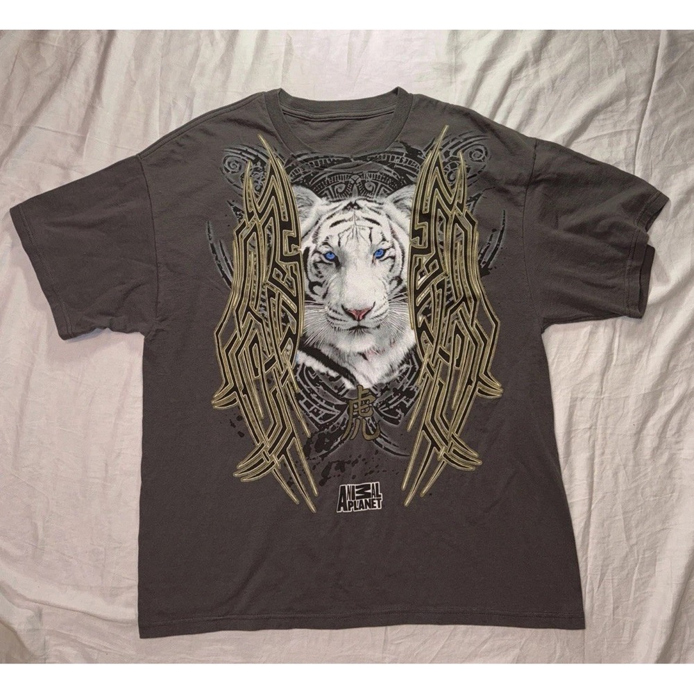 Animal Planet White Tiger Tribal Wings Graphic T-Shirt Charcoal Gray XL